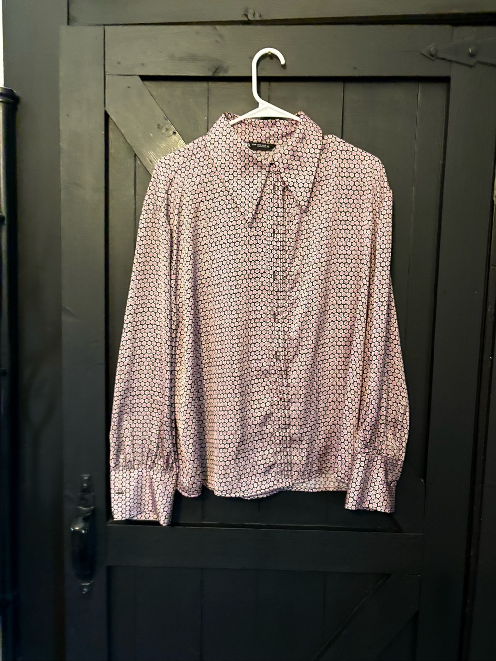 Zara Pink and Black Micro-Print Button-Down Blouse